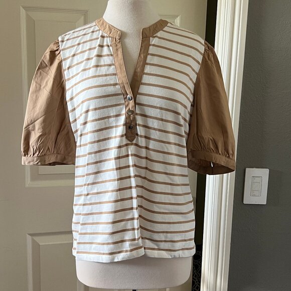 VERONICA BEARD Kellie Tan/White Striped Puff-Sleeve Top NWT XL - Picture 4 of 9